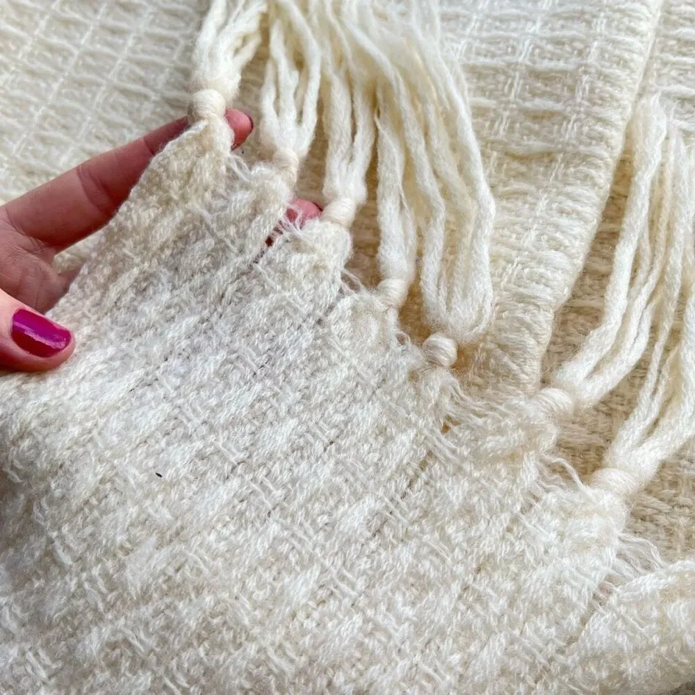 Vintage Cream Wool Woven Fringed Scarf Wrap 71